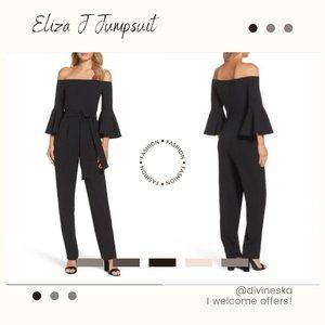 Eliza J Off Shoulder Bell Sleeve Jumpsuit Black Flutter Sleeve Straight Leg 6